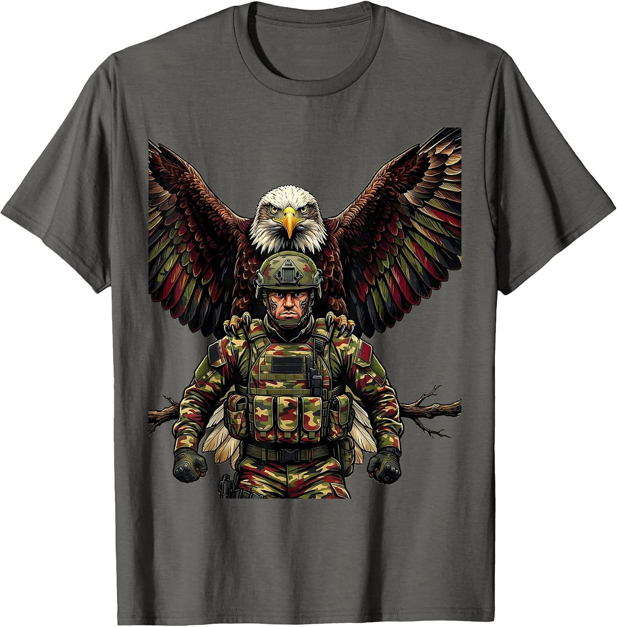 Camo Soldier and Eagle Patriotic Graphic Tee T-Shirt - Asphalt Grey