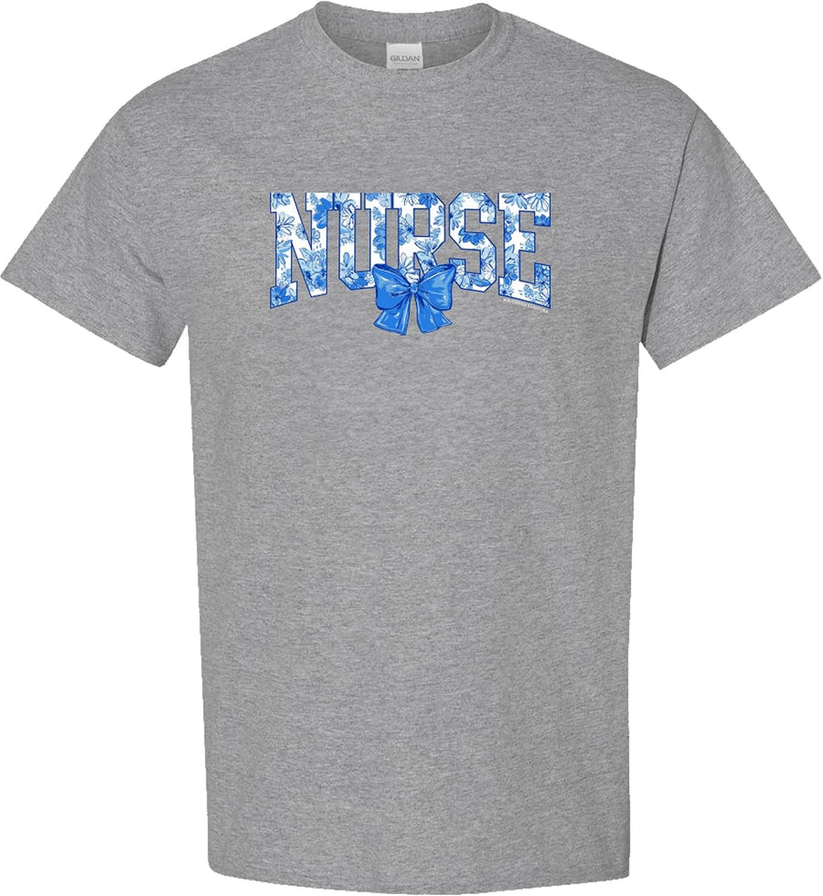 Southern Couture Soft Collection Women's Graphic T-Shirt – Nurse Blue Floral Bow Design, Sport Grey Cotton Tee - As Pictured