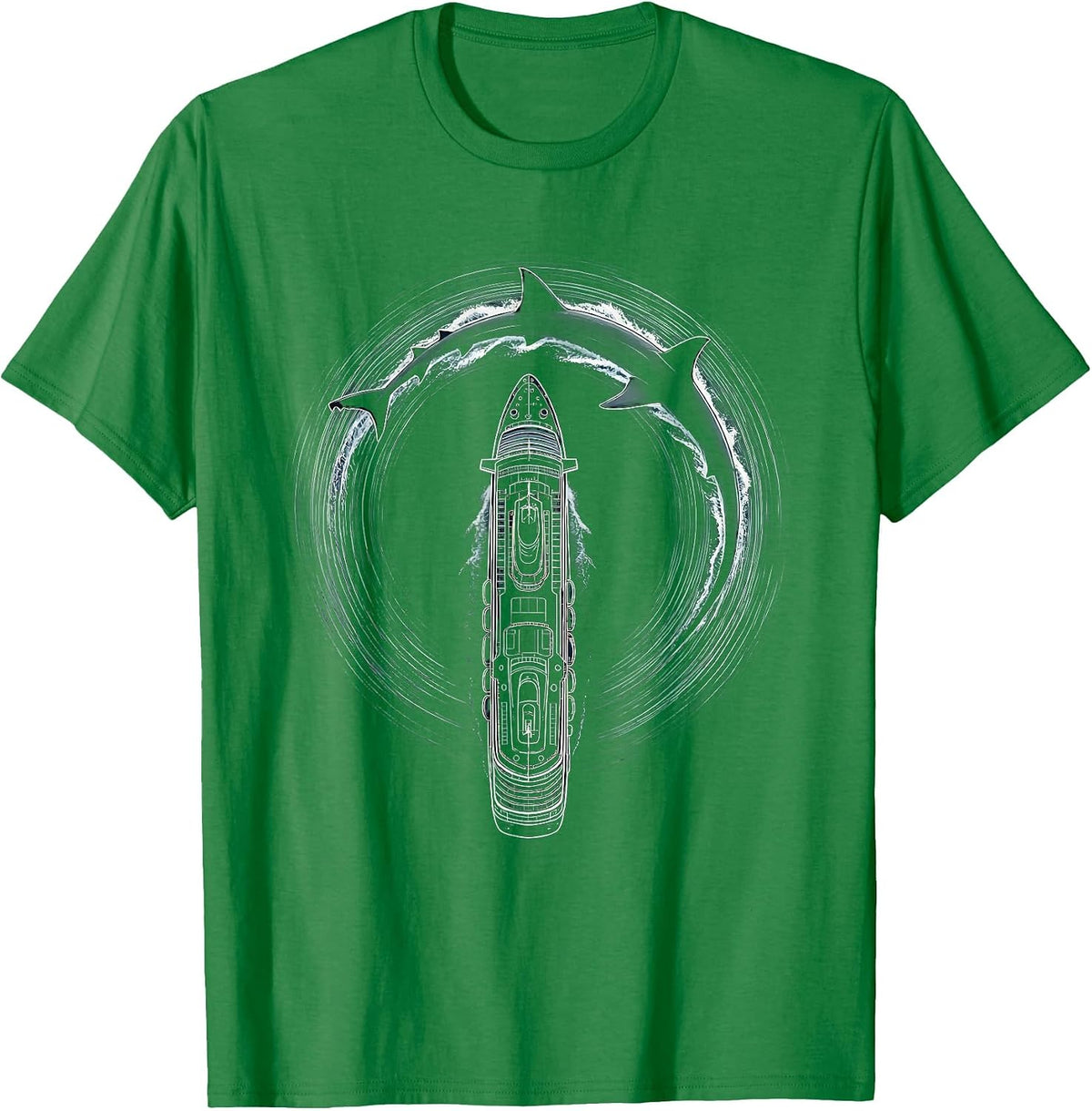Men's Shark Fin Circling Cruise Ship Aerial View T-Shirt - Kelly Green
