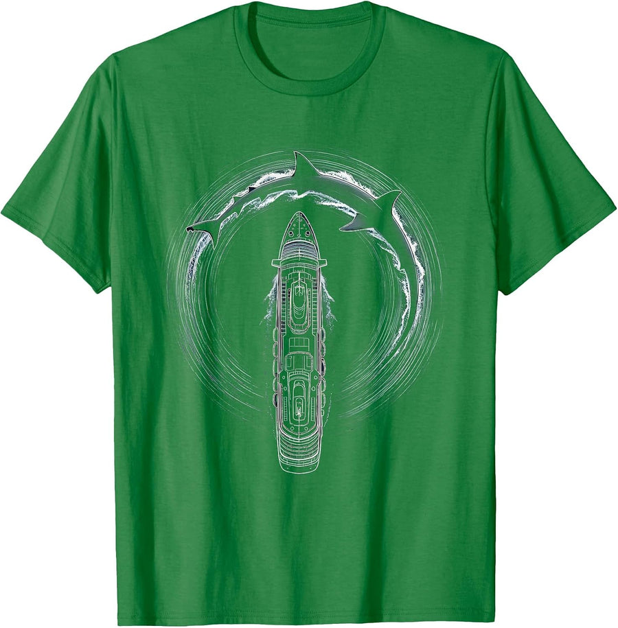 Men's Shark Fin Circling Cruise Ship Aerial View T-Shirt - Kelly Green