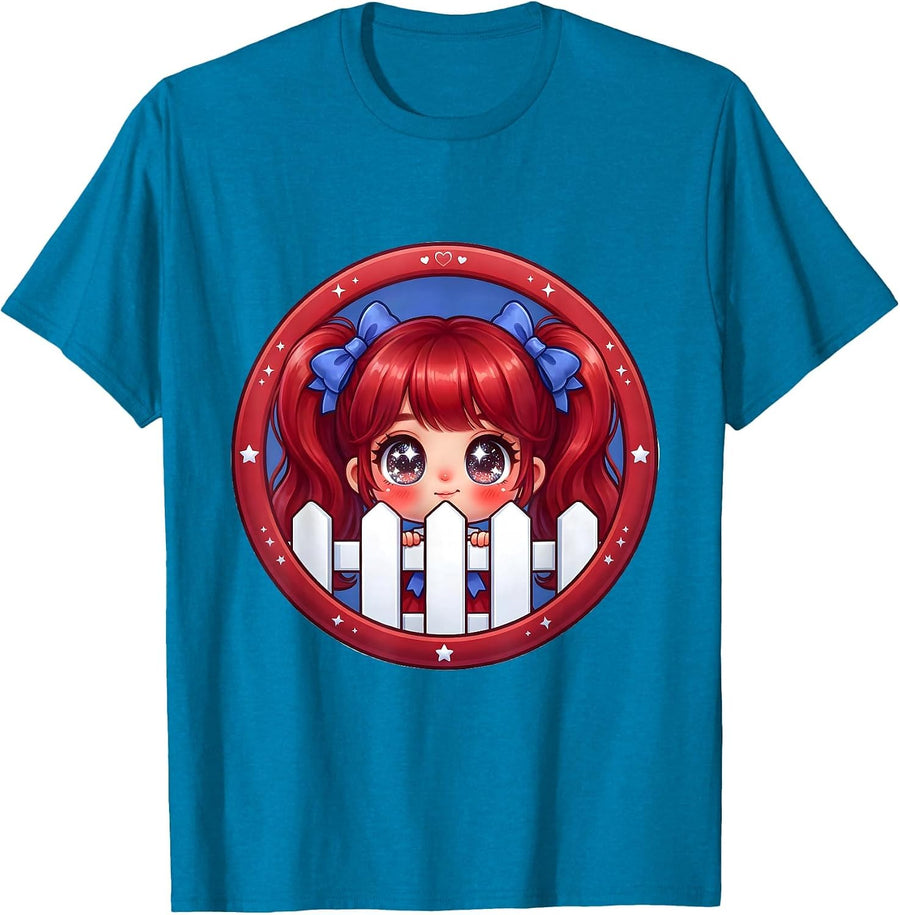Red White and Blue Girl Peeking Over Fence T-Shirt - Sapphire Blue