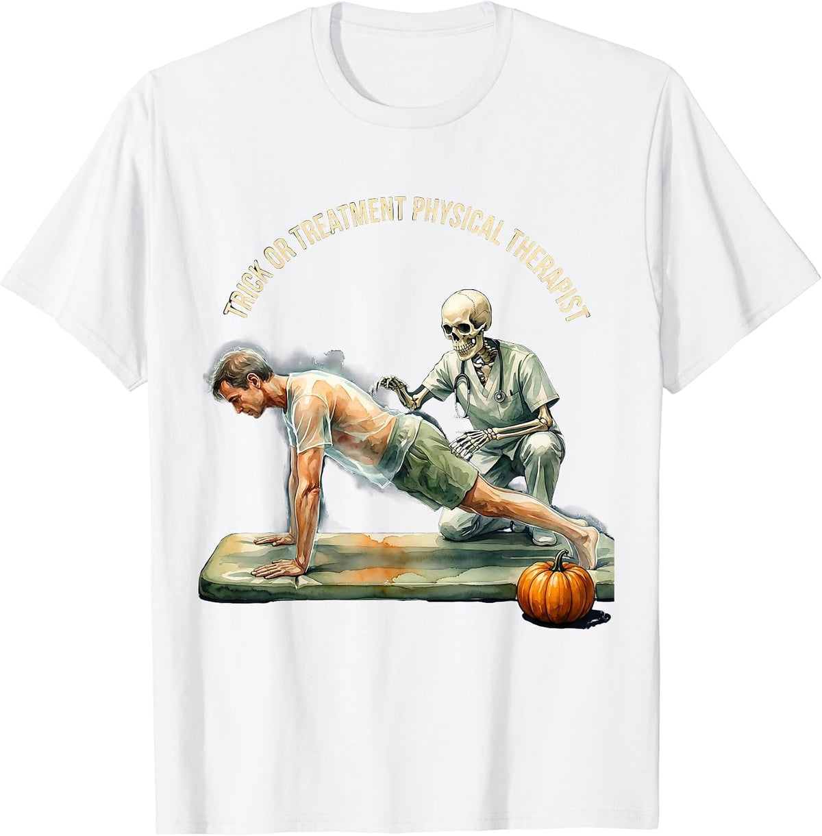Men's Trick Or Treatment Physical Therapist Watercolor Halloween T-Shirt - White