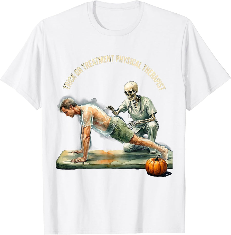 Men's Trick Or Treatment Physical Therapist Watercolor Halloween T-Shirt - White