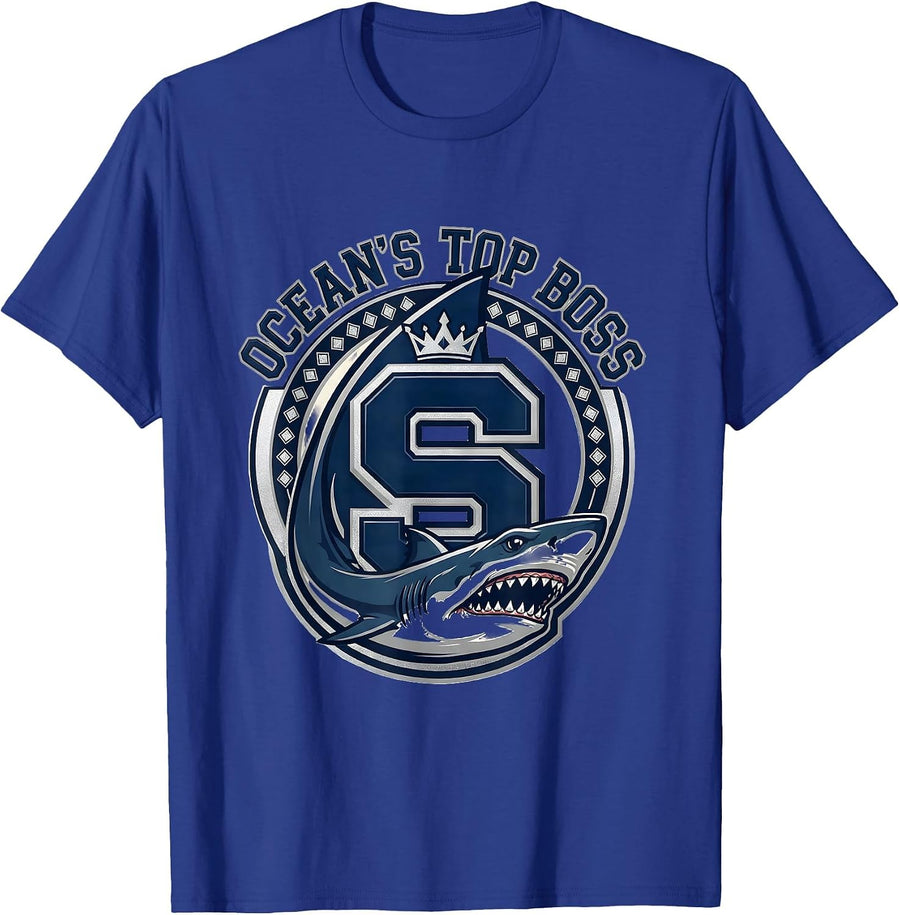 Ocean's Top Boss Shark Graphic Design T-Shirt - Royal Blue