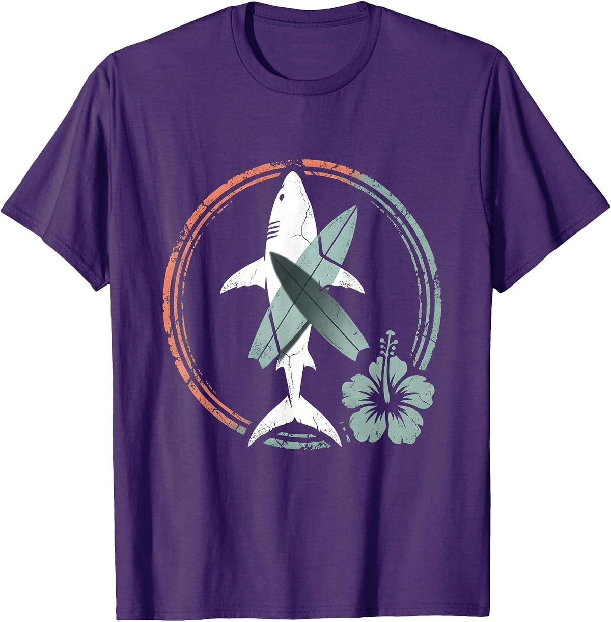 Great White Shark Under Surfboard Hawaiian Design T-Shirt - Purple