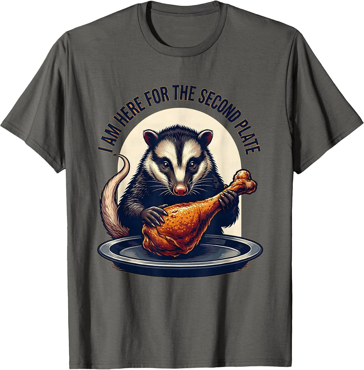 Men's I Am Here For The Second Plate Funny Opossum Thanksgiving T-Shirt - Asphalt Grey