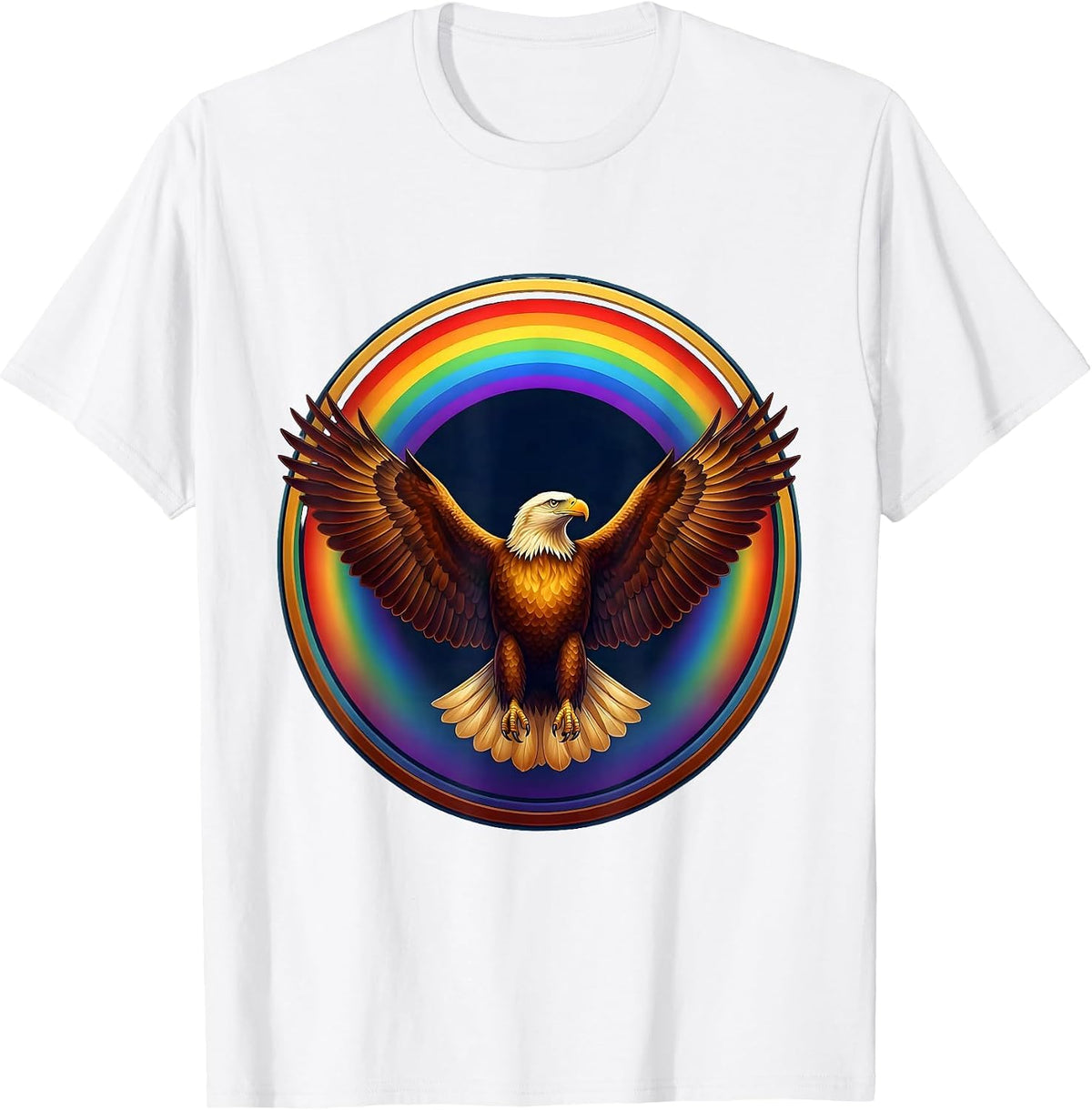 Men's Eagle Soaring Through Rainbow Arc Graphic T-Shirt - White