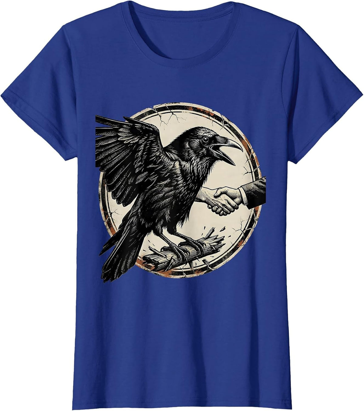 Women's Sealed Crow Badge Distressed Gothic Bird Lover T-Shirt - Royal Blue