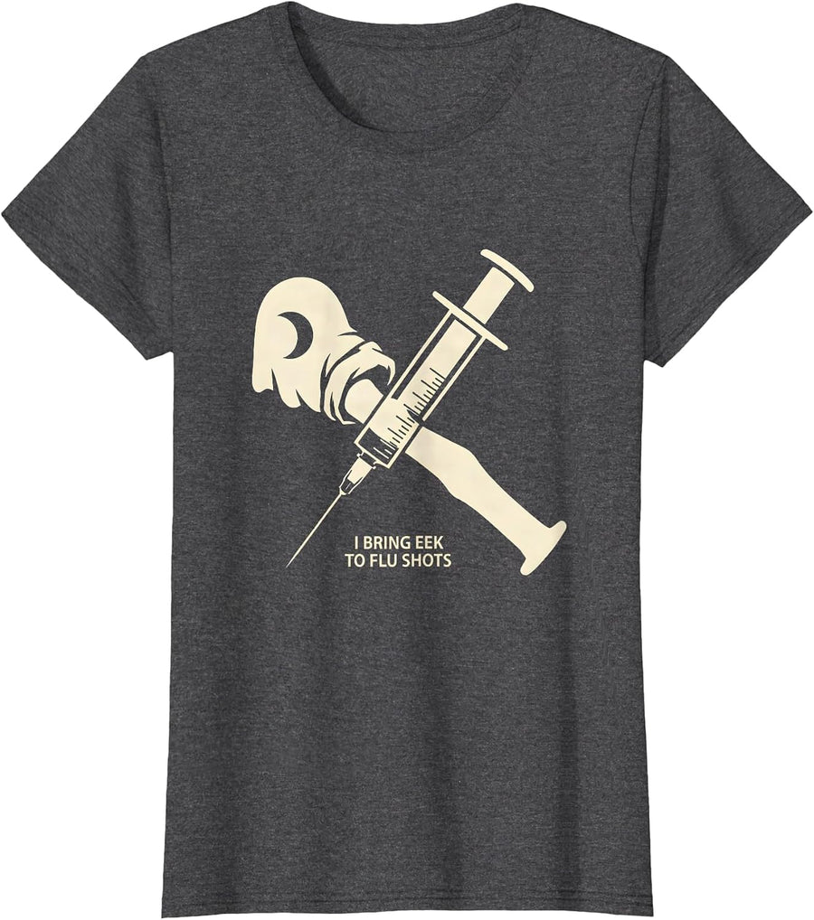 Women's I Bring Eek To Flu Shots Funny Nurse Ghost Halloween Vaccine T-Shirt - Dark Heather Grey