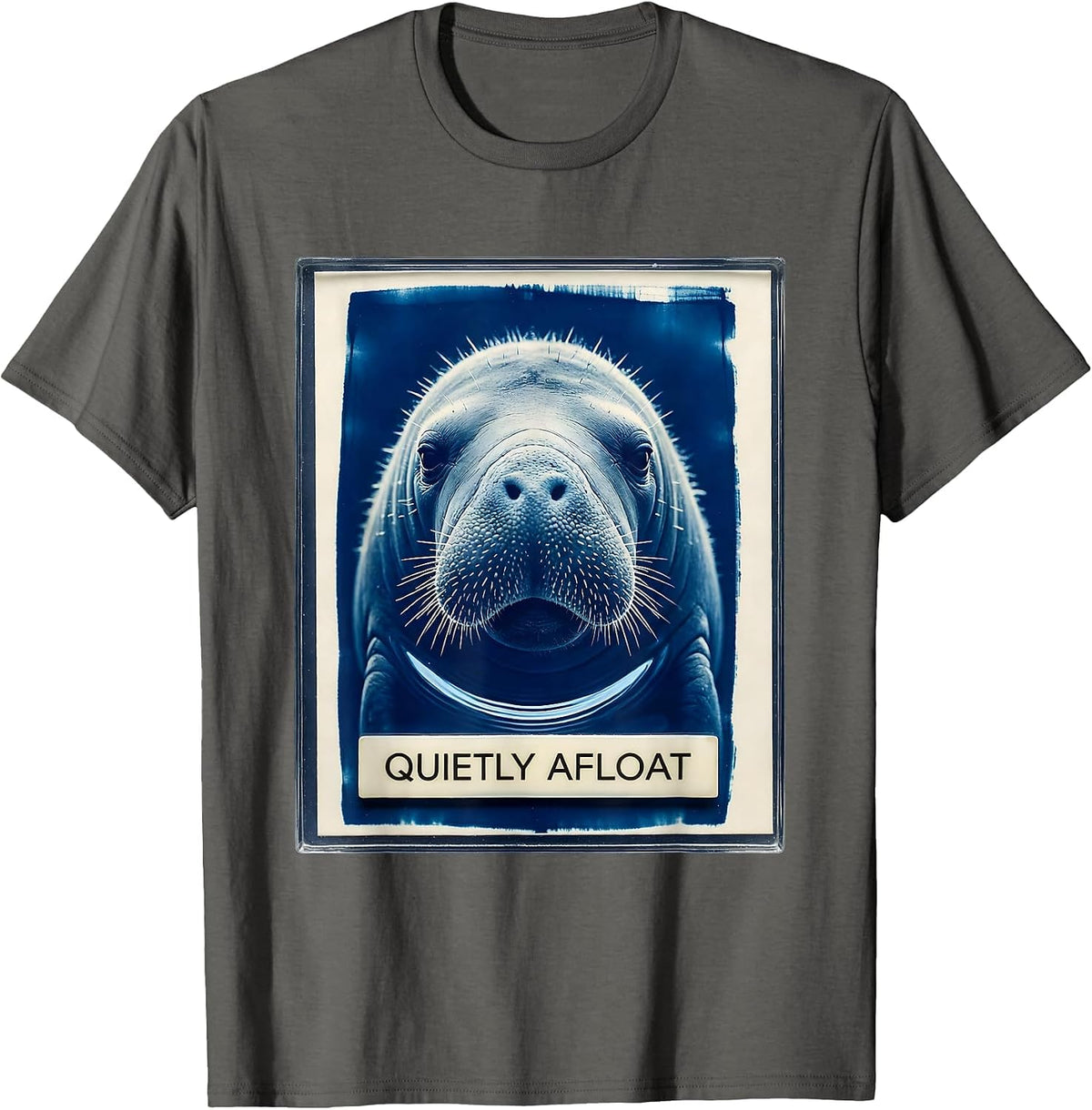 Men's Quietly Afloat Cyanotype Manatee Lover Sea Cow Humor T-Shirt - Asphalt Grey