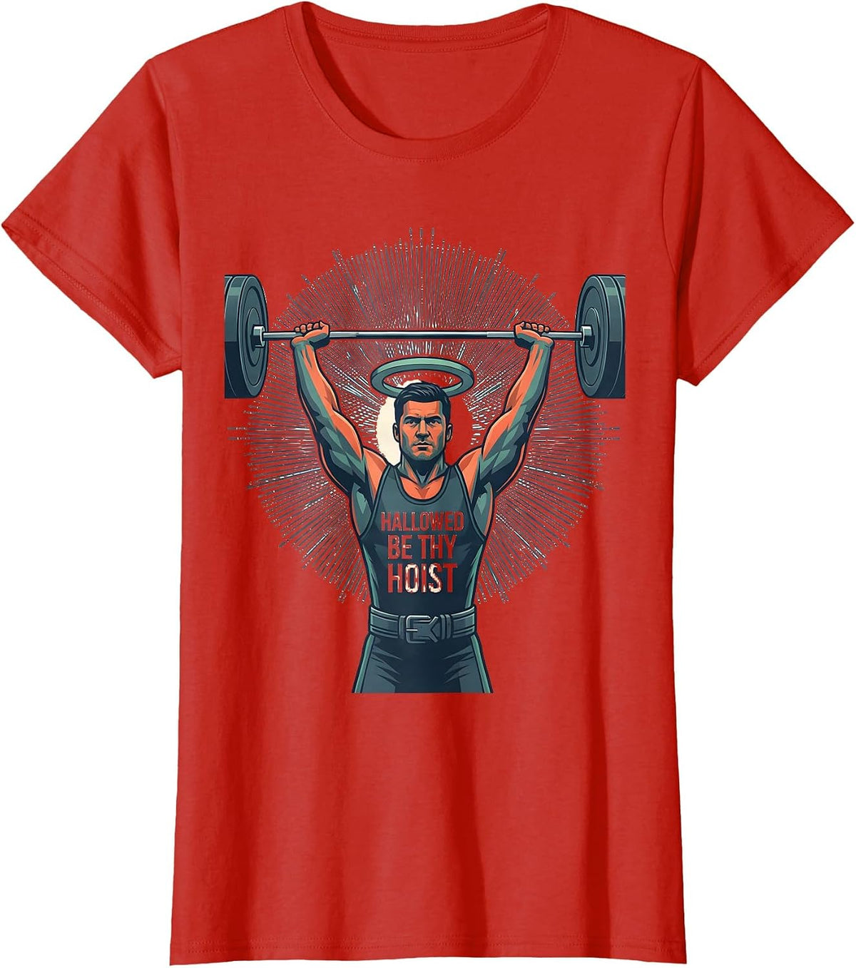 Women's Hallowed Be Thy Hoist Funny Christian Gym Weightlifter Humor T-Shirt - Red