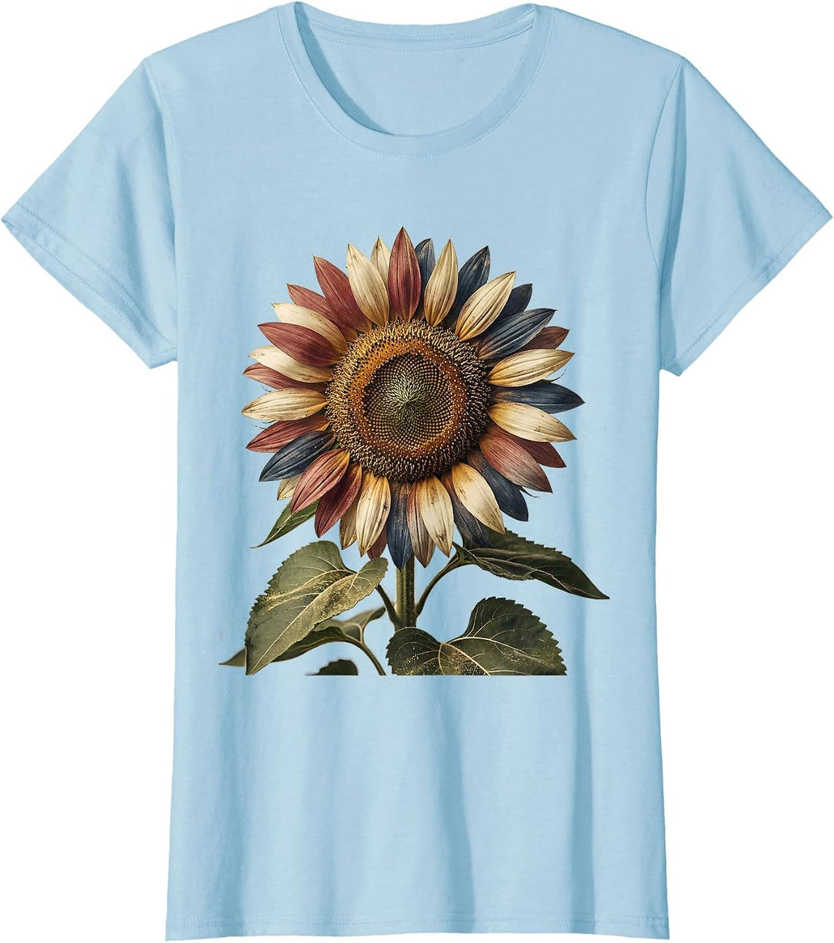 Women's Red White and Blue Sunflower Patriotic Design T-Shirt - Baby Blue