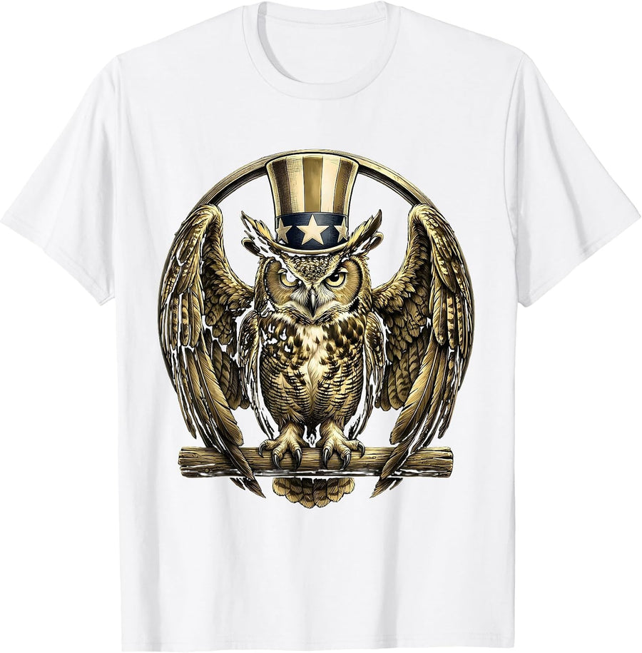 Men's Great Horned Owl Wings Spread USA Wildlife Art T-Shirt - White