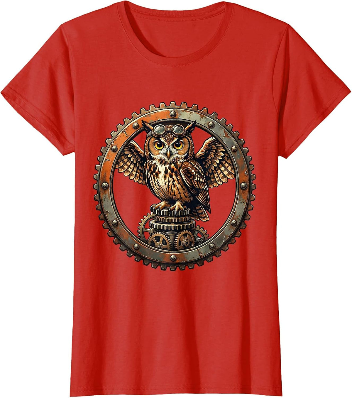 Steampunk Owl on Gear Stack Graphic Design T-Shirt - Red