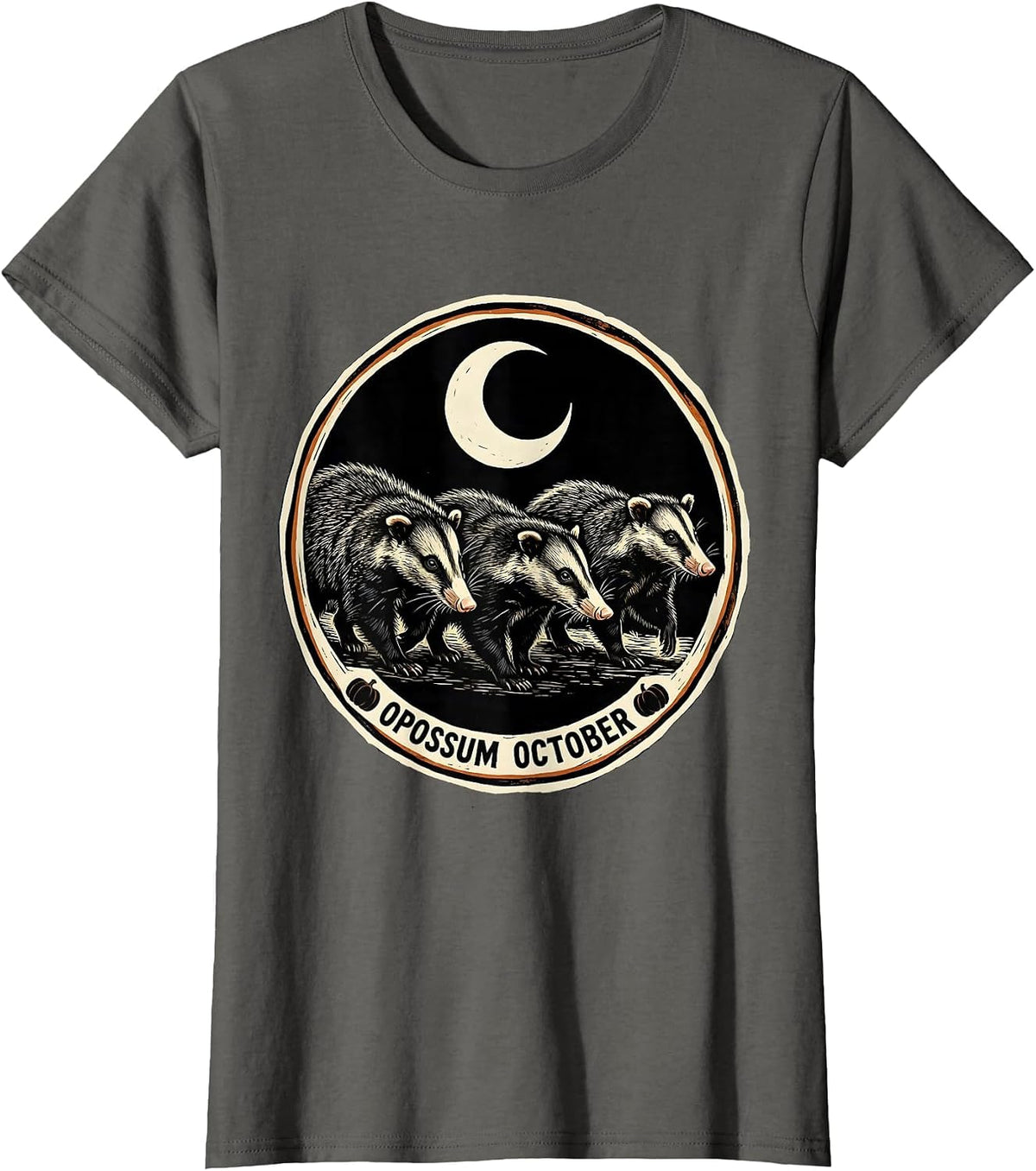 Women's Opossum October Linocut Vintage Spooky Halloween Moon T-Shirt - Asphalt Grey