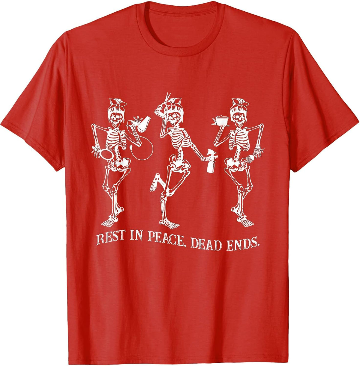Dancing Skeleton Peace Dead Ends Hairstylist Halloween T-Shirt - Red