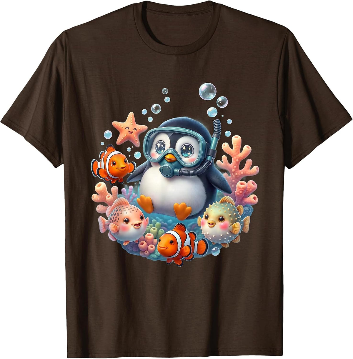 Penguin Scuba Diver Tropical Fish Ocean Design T-Shirt - Brown