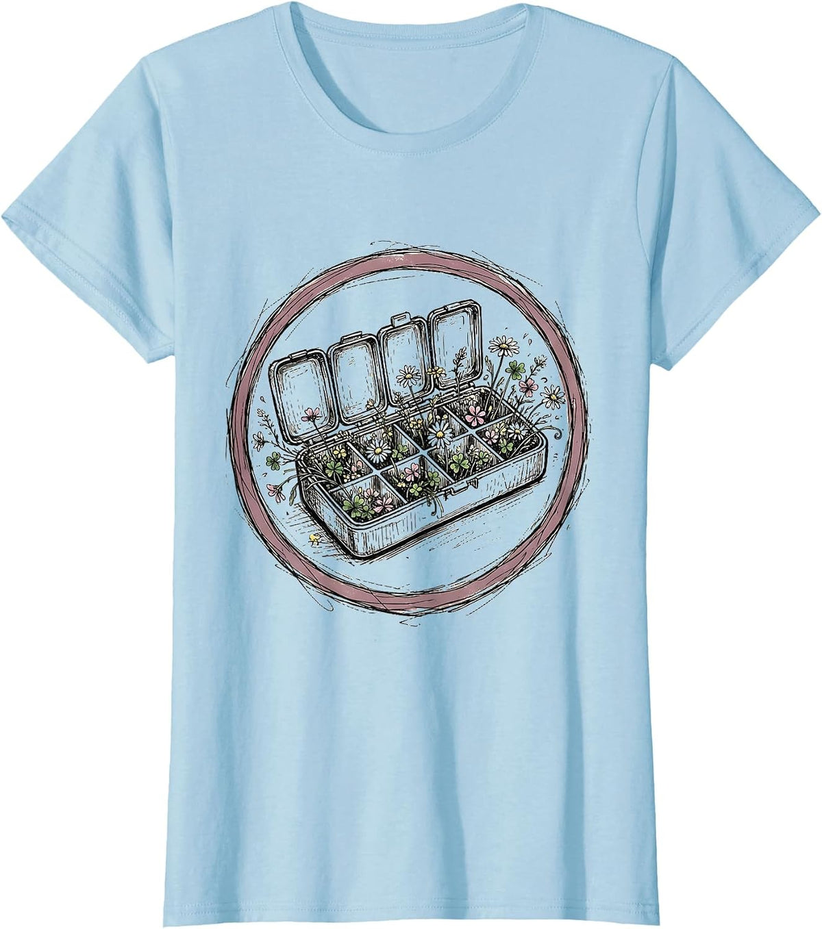 Women's Pill Organizer Overflowing With Flowers Graphic T-Shirt - Baby Blue