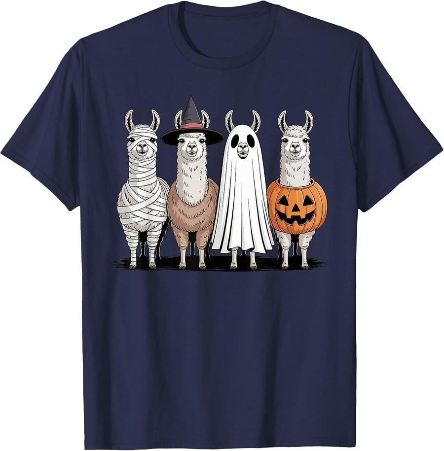 Spooky Ghost Llama Pumpkin Halloween Skeleton T-Shirt - Navy Blue