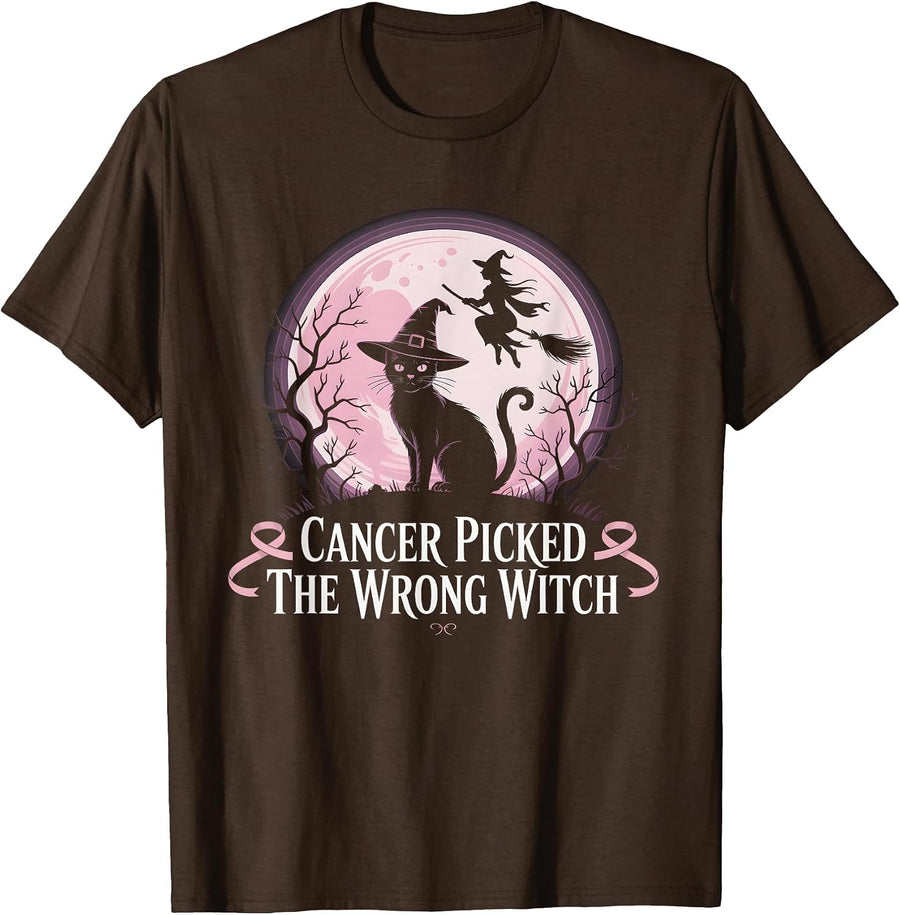 Cancer Picked The Wrong Witch Breast Cancer Halloween Cat T-Shirt - Brown