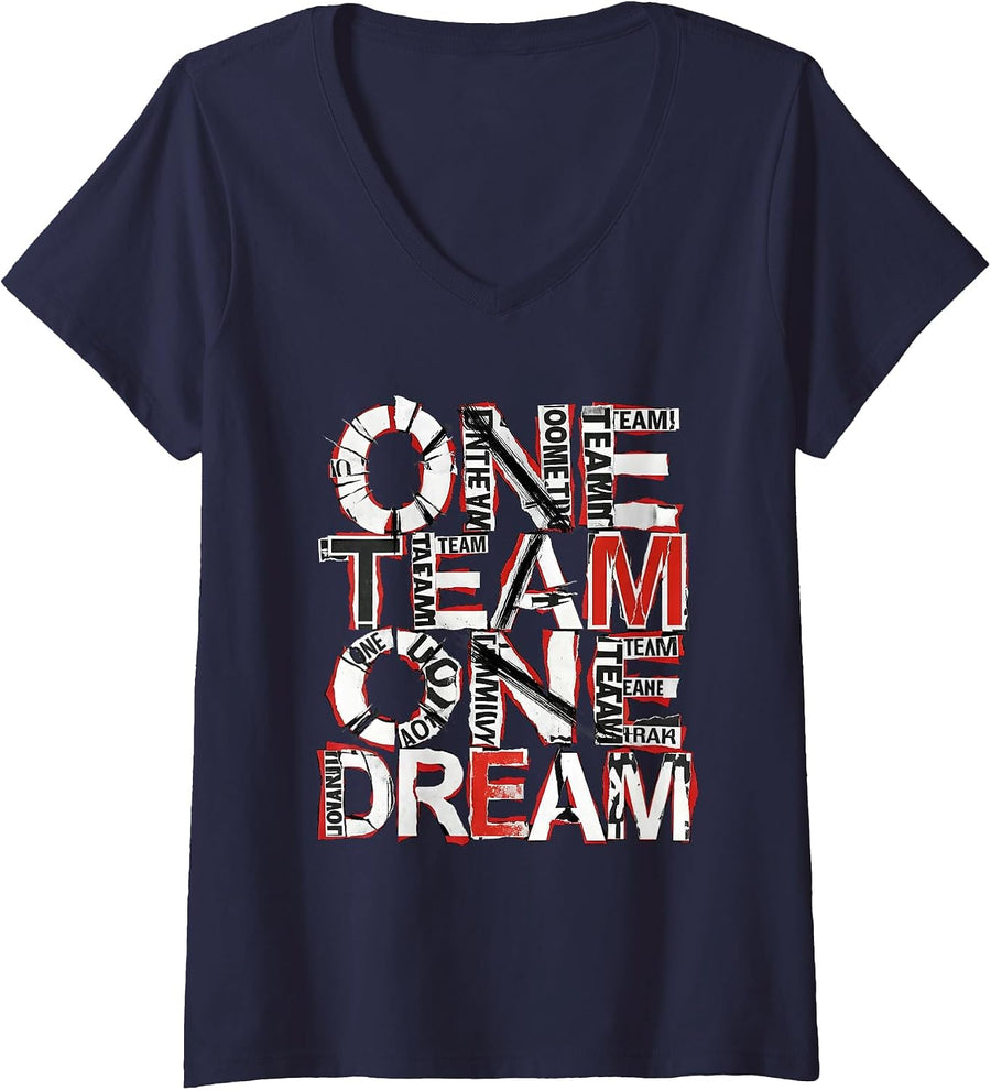 Women's One Team One Dream Rugby Graphic Design V-Neck T-Shirt - Navy Blue