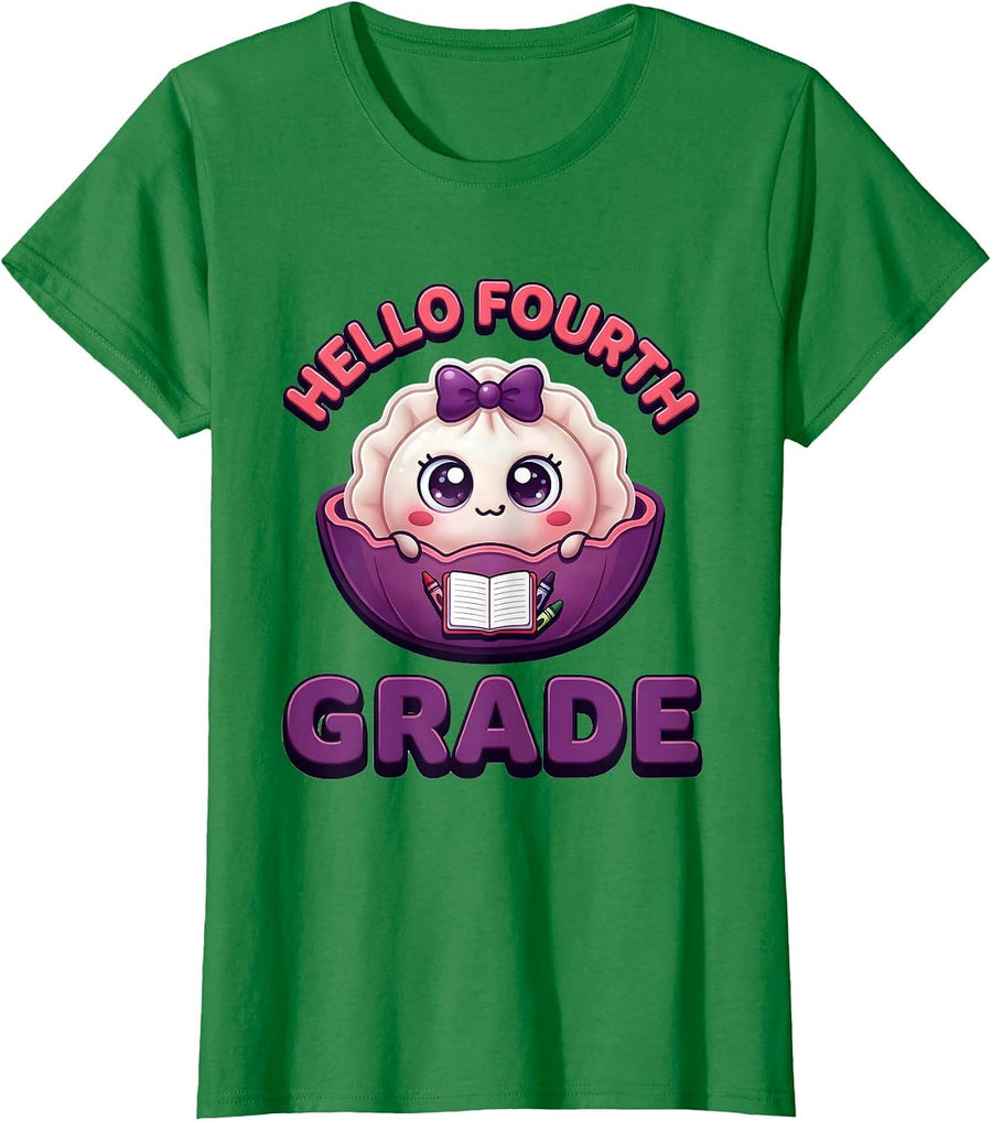 Hello Fourth Grade Cute Dumpling Back to School Girl Teacher T-Shirt, Women, Kelly Green, Large - As Pictured