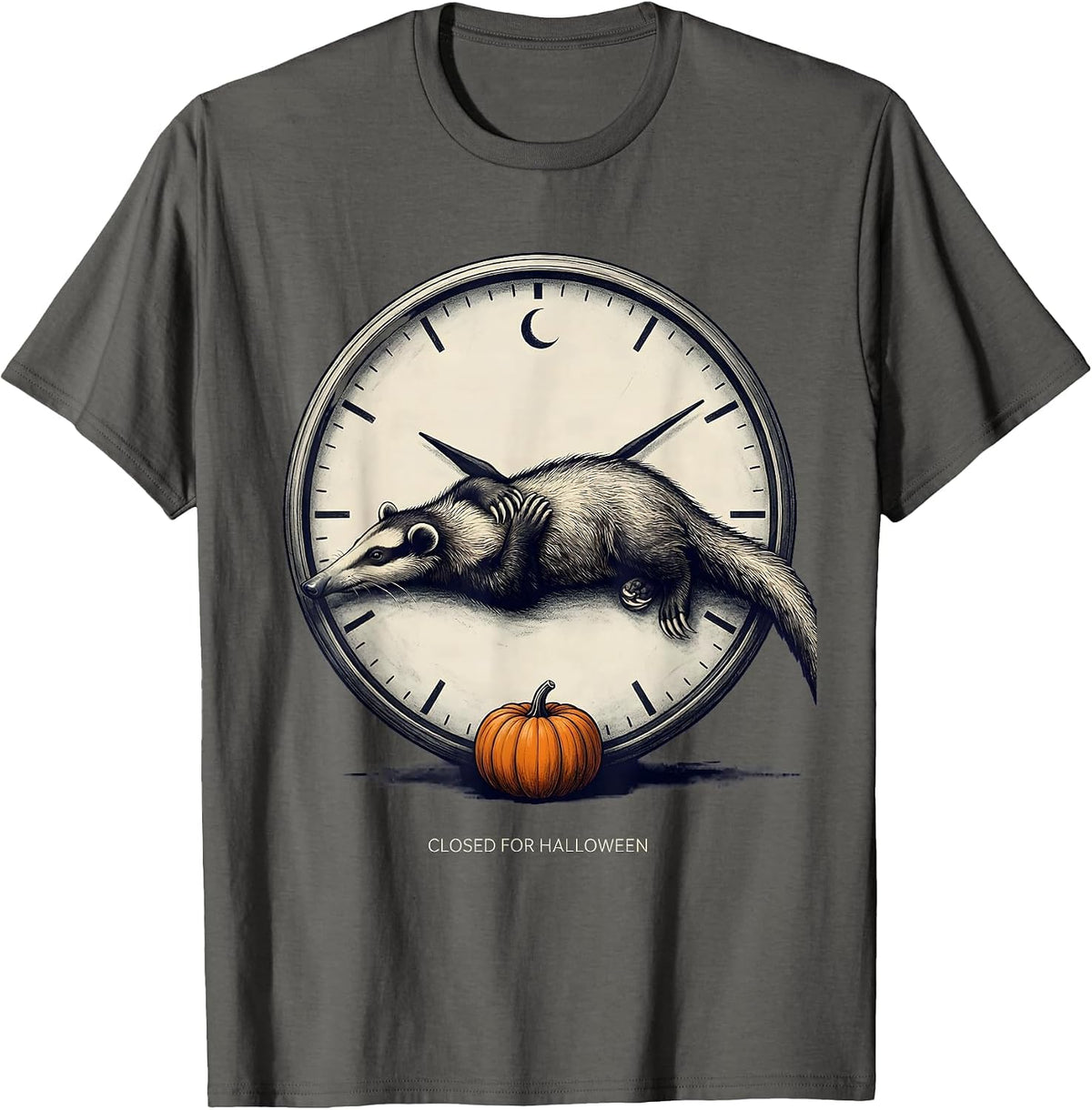 Closed For Halloween Whimsical Spooky Opossum Halloween T-Shirt - Asphalt Grey
