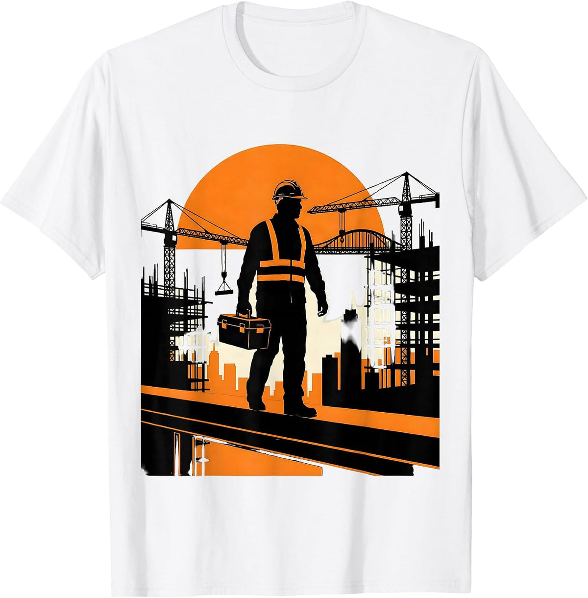 Men's Construction Worker Silhouette Sunset Skyline T-Shirt - White