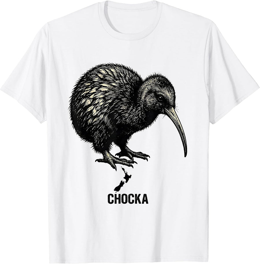 Men's Chocka Rubber Stamp New Zealand Kiwi Bird NZ Map National T-Shirt - White
