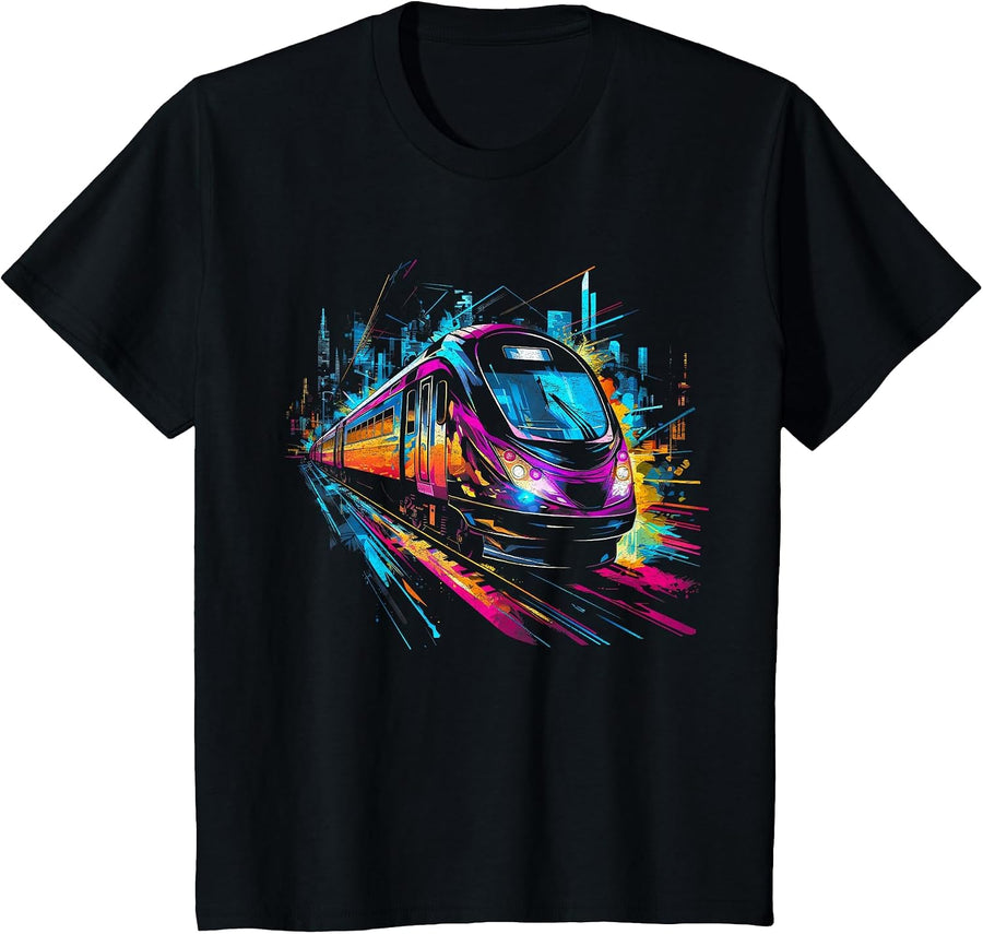 Train Glowing Futuristic Lights Fun Boys Train Conductor T-Shirt - Black