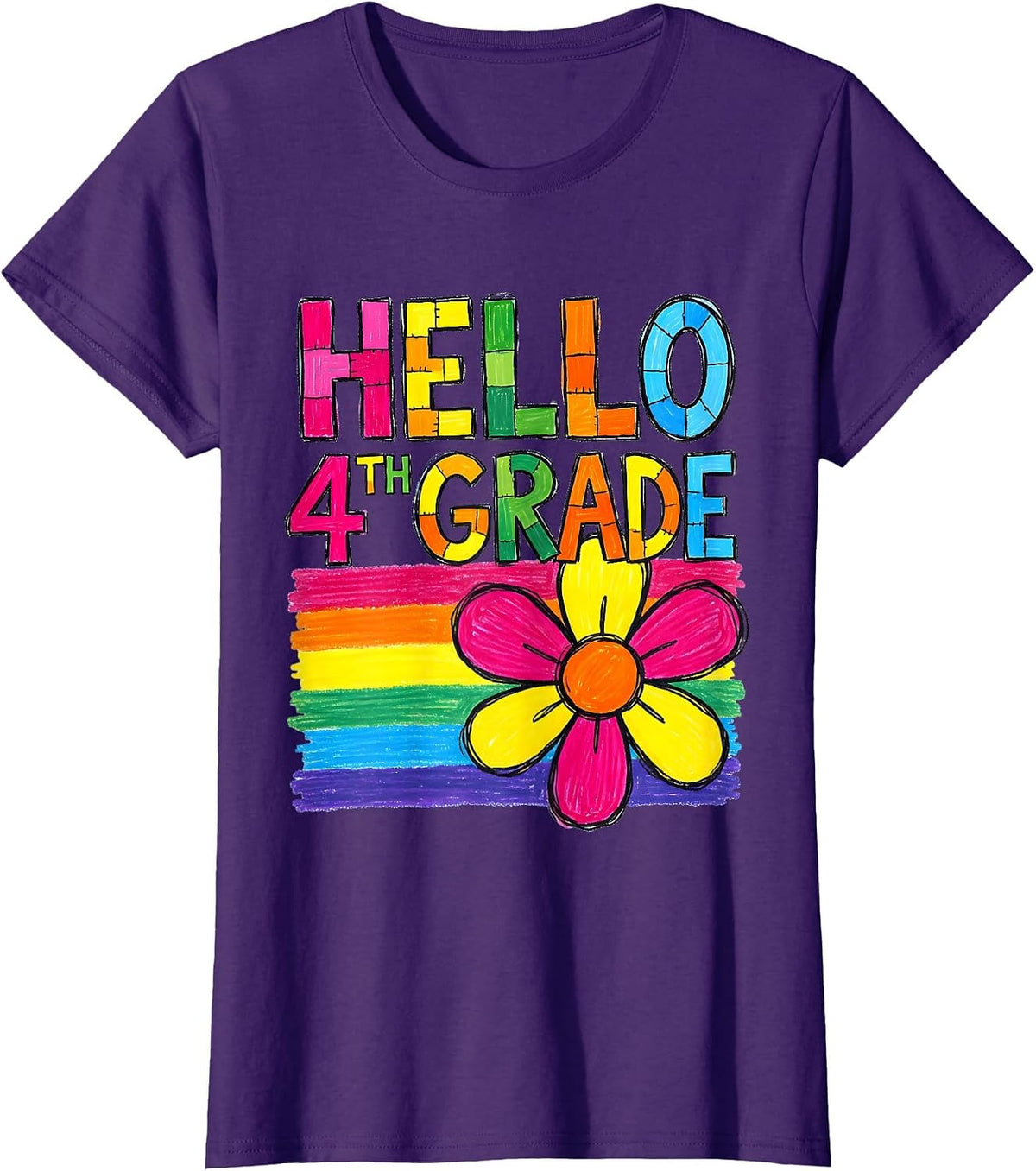 Women's Hello 4th Grade Naive Kidcore Back To School Teacher Girl T-Shirt - Purple