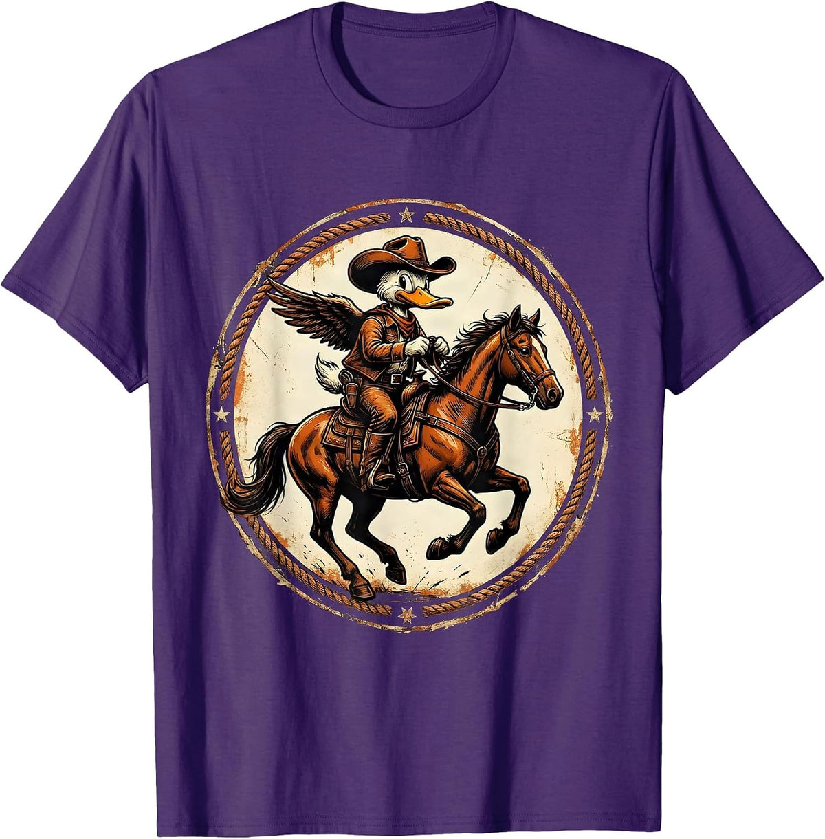 Duck in Cowboy Hat on Horseback Western Art T-Shirt - Purple
