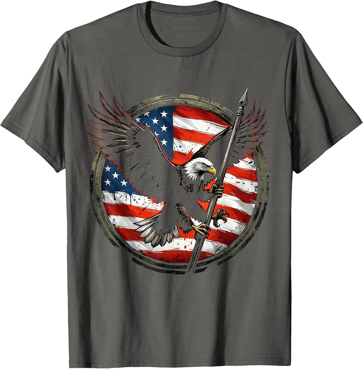 Eagle Gripping Flagpole Patriotic Graphic Design T-Shirt - Asphalt Grey
