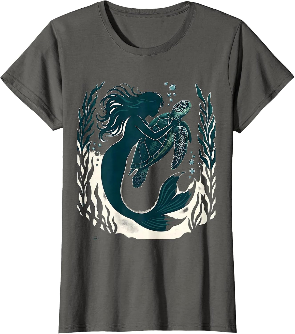 Women's Mermaid and Sea Turtle Underwater Embrace T-Shirt - Asphalt Grey
