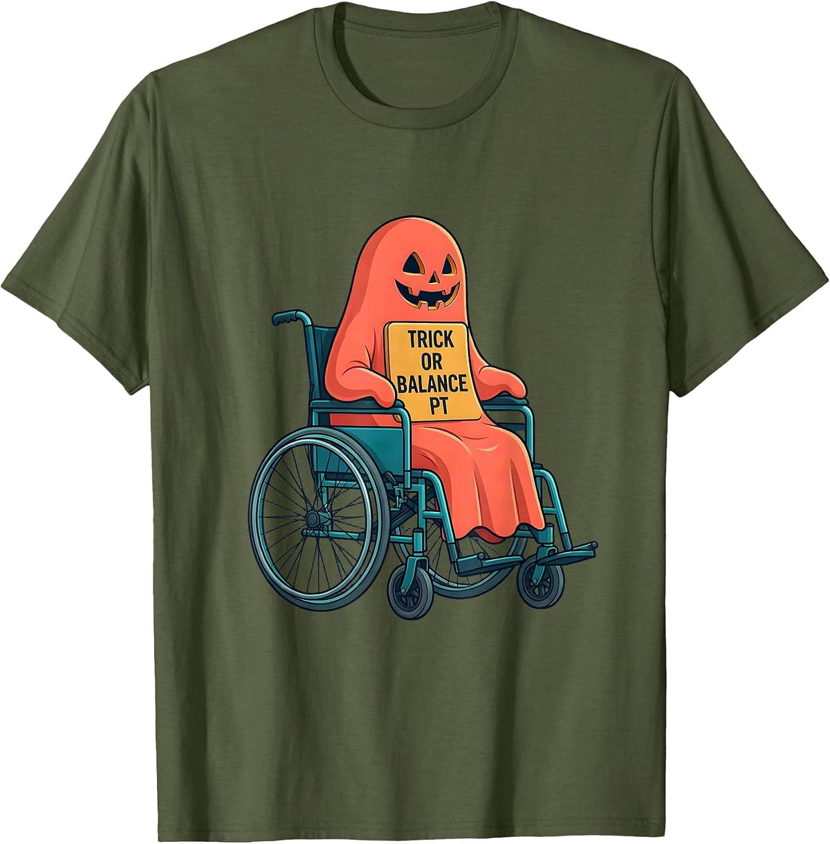 Trick Or Balance PT Funny Physical Therapy Halloween Ghost T-Shirt - Olive Green