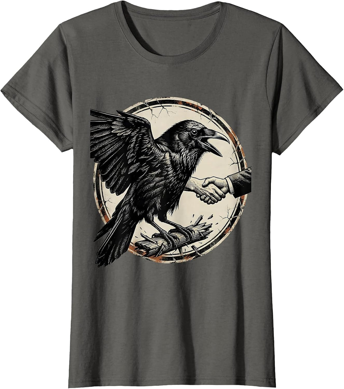 Women's Sealed Crow Badge Distressed Gothic Bird Lover T-Shirt - Asphalt Grey
