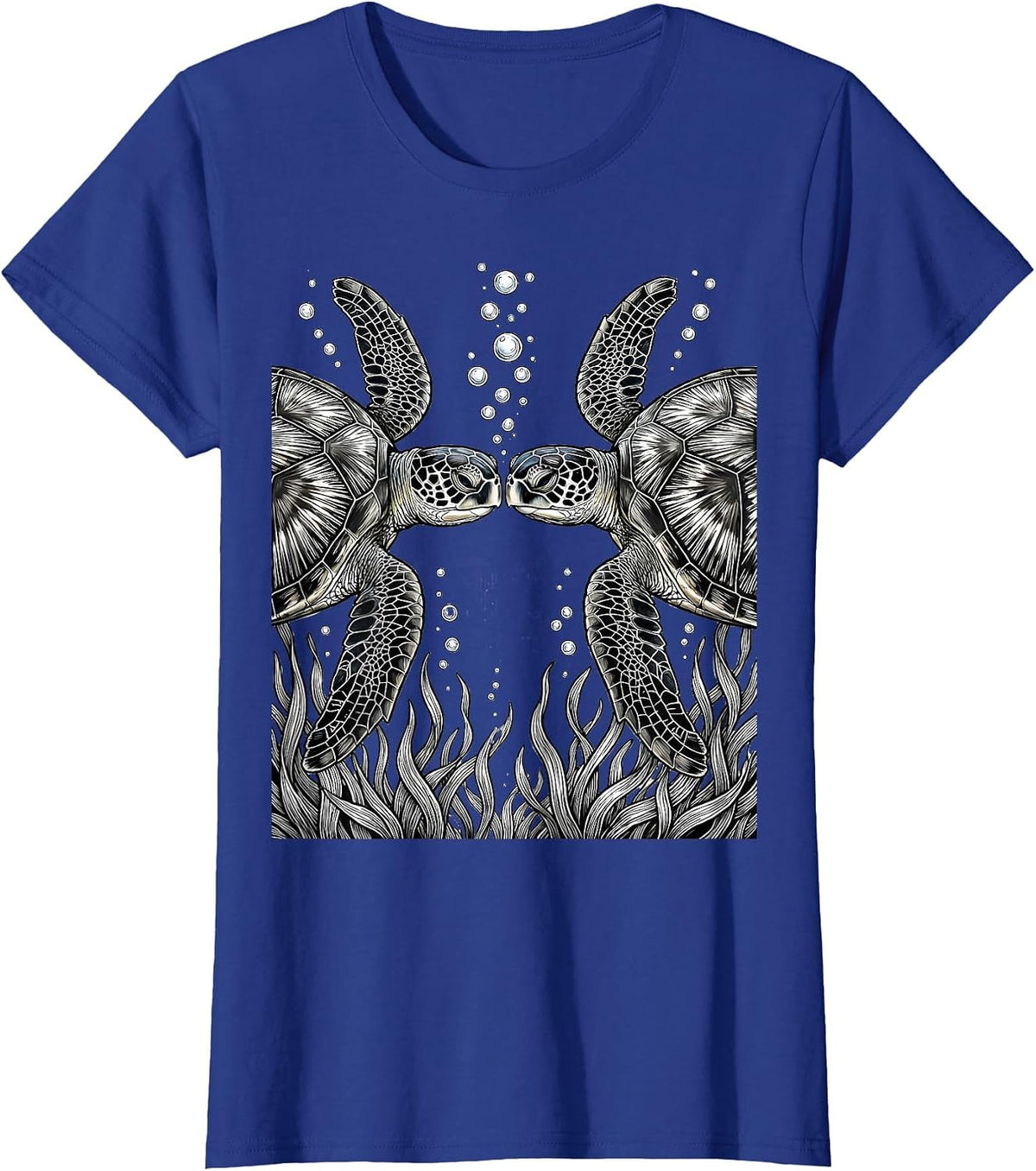 Women's Two Turtles Nose to Nose Underwater Art T-Shirt - Royal Blue