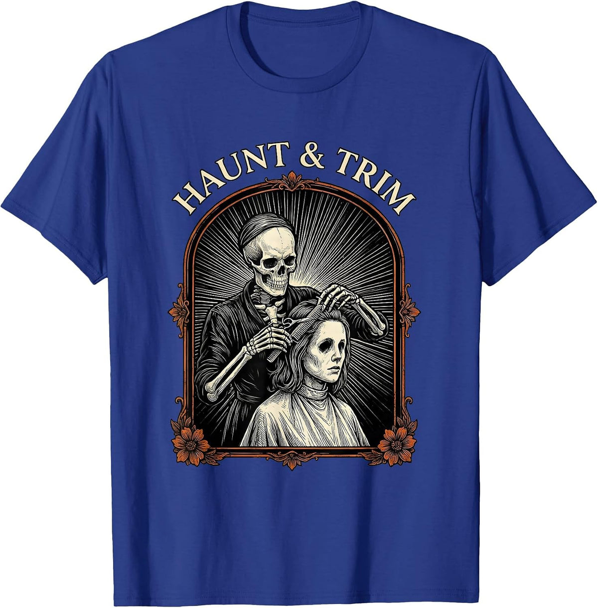 Haunt & Trim Skeleton Hairstylist Tarot Card Halloween Humor T-Shirt - Royal Blue