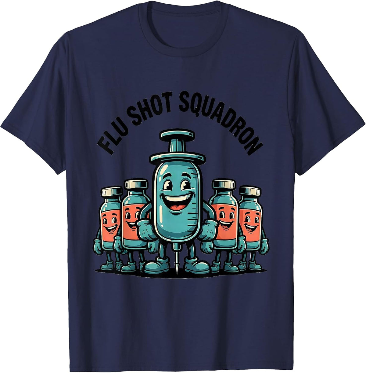 Flu Shot Squadron Cartoon Nurse Doctor Vaccine Humor T-Shirt - Navy Blue
