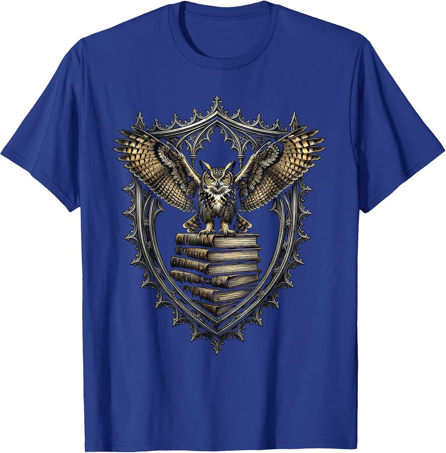 Owl on Ancient Books Renaissance Scholar Design T-Shirt - Royal Blue