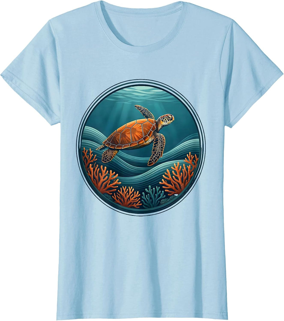 Women's Mexico Sea Turtle Coral Reef Ocean Illustration T-Shirt - Baby Blue