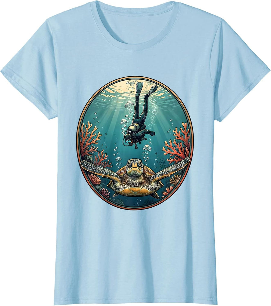 Women's Maui Diver and Sea Turtle Ocean Descent Graphic T-Shirt - Baby Blue