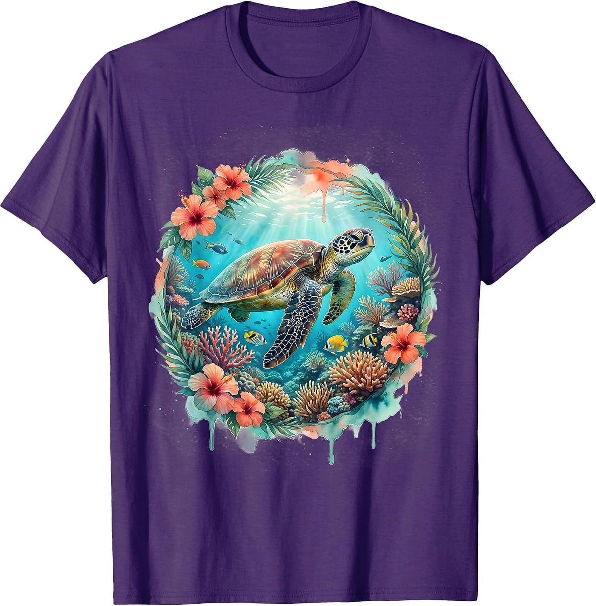 Men's Sea Turtle Coral Reef Hawaiian Ocean Design T-Shirt - Purple