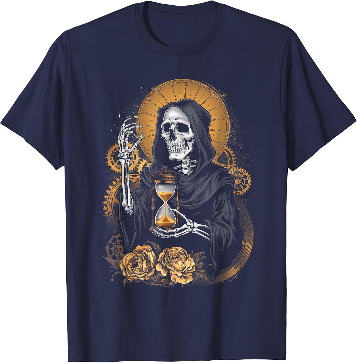 Skeleton Surreal Gothic Steampunk Skater T-Shirt - Navy Blue