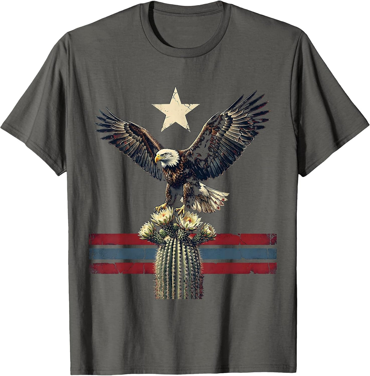 Eagle Perched on Flowering Cactus Patriotic Design T-Shirt - Asphalt Grey