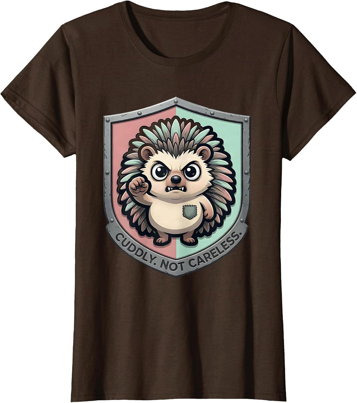 Women's Cuddly Not Careless Pastel Goth Kawaii Chibi Hedgehog Mascot T-Shirt - Brown