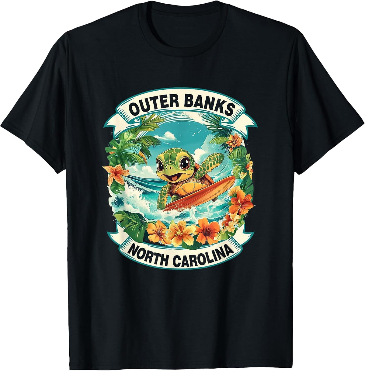 Outer Banks North Carolina Cute Sea Turtle Surfing Summer T-Shirt - Black