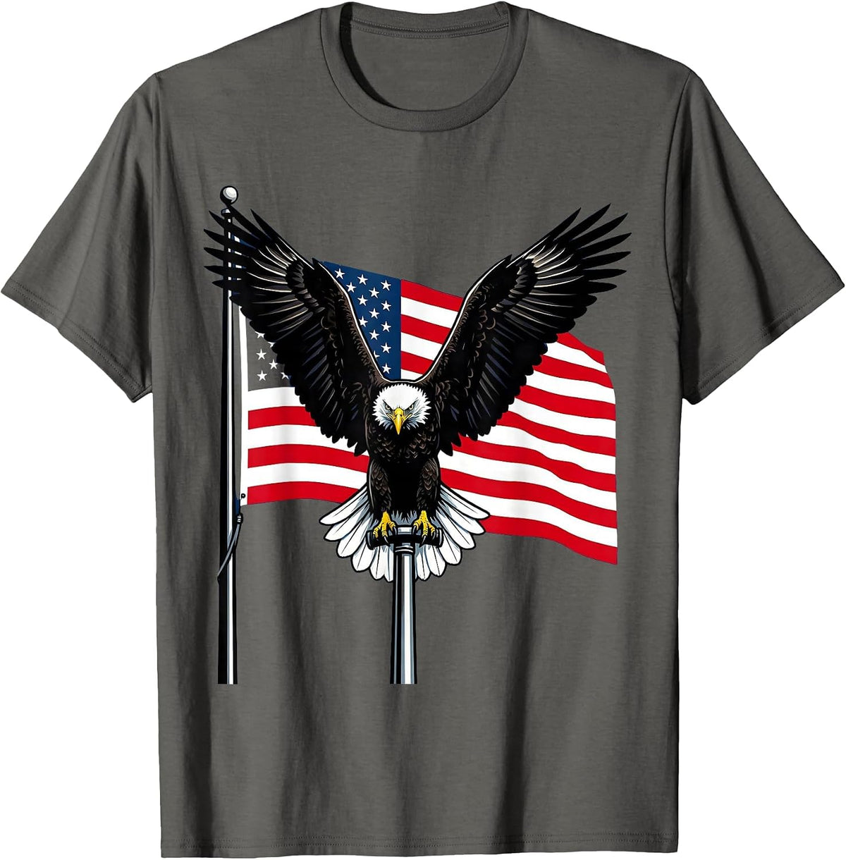Bold Eagle on American Flag Pole Patriotic Design T-Shirt - Asphalt Grey
