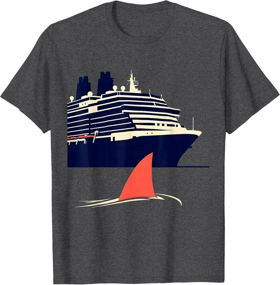 Men's Shark Fin Circling Cruise Ship Graphic T-Shirt - Dark Heather Grey