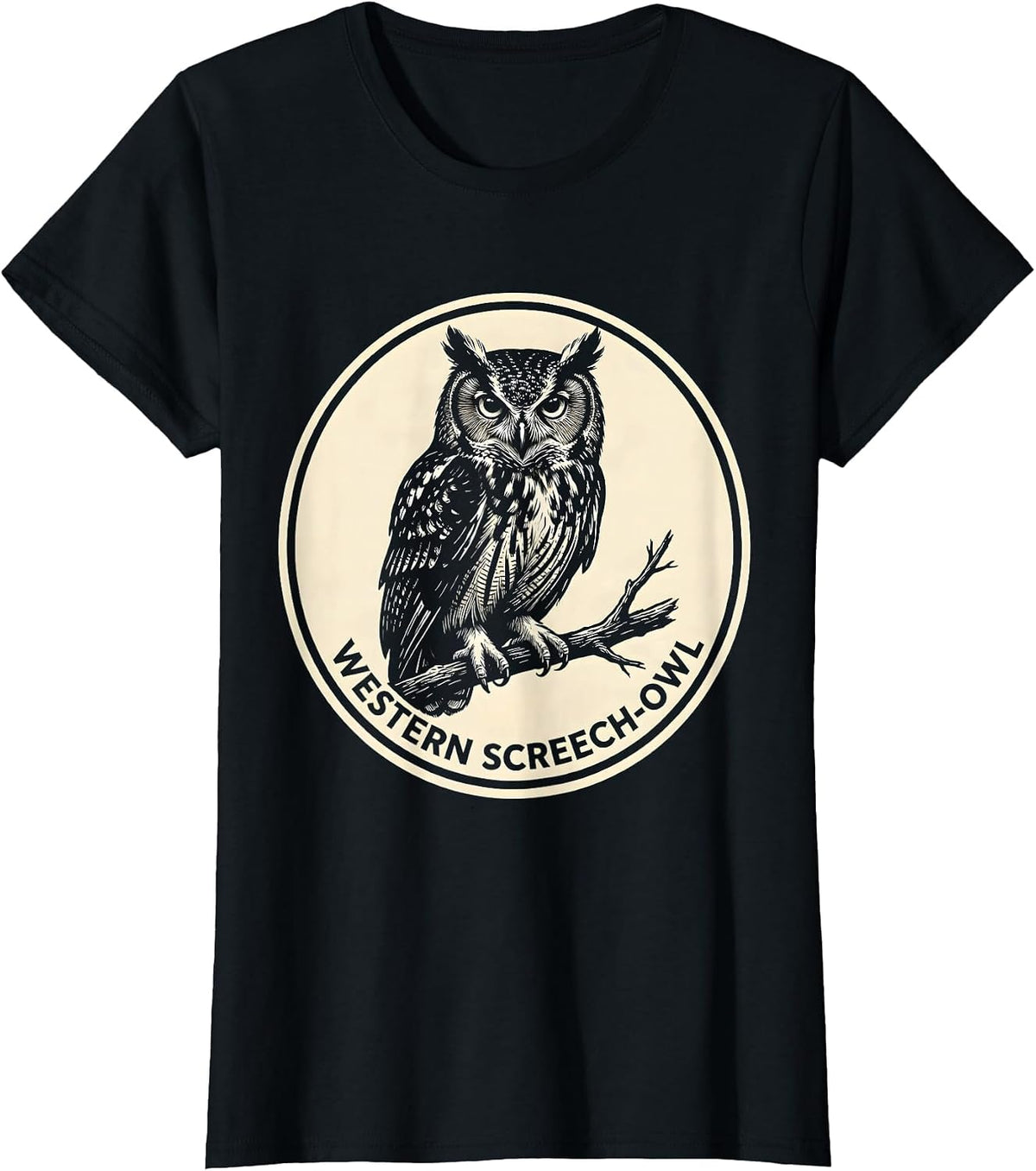 Women's Western Screech-Owl Scratchboard Owl Lover Birdwatcher T-Shirt - Black